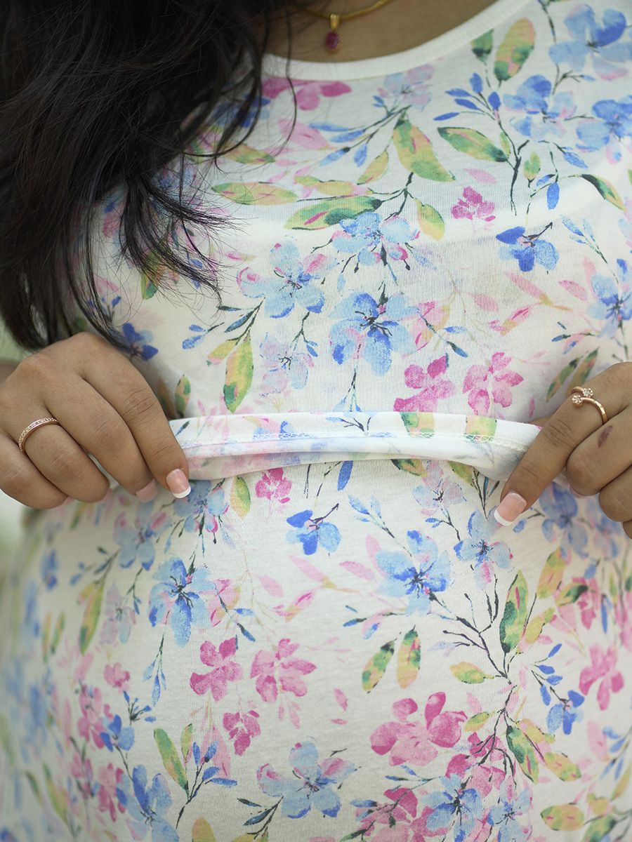 Maternity Short Zipless Dress-  Gilda Blue Flower