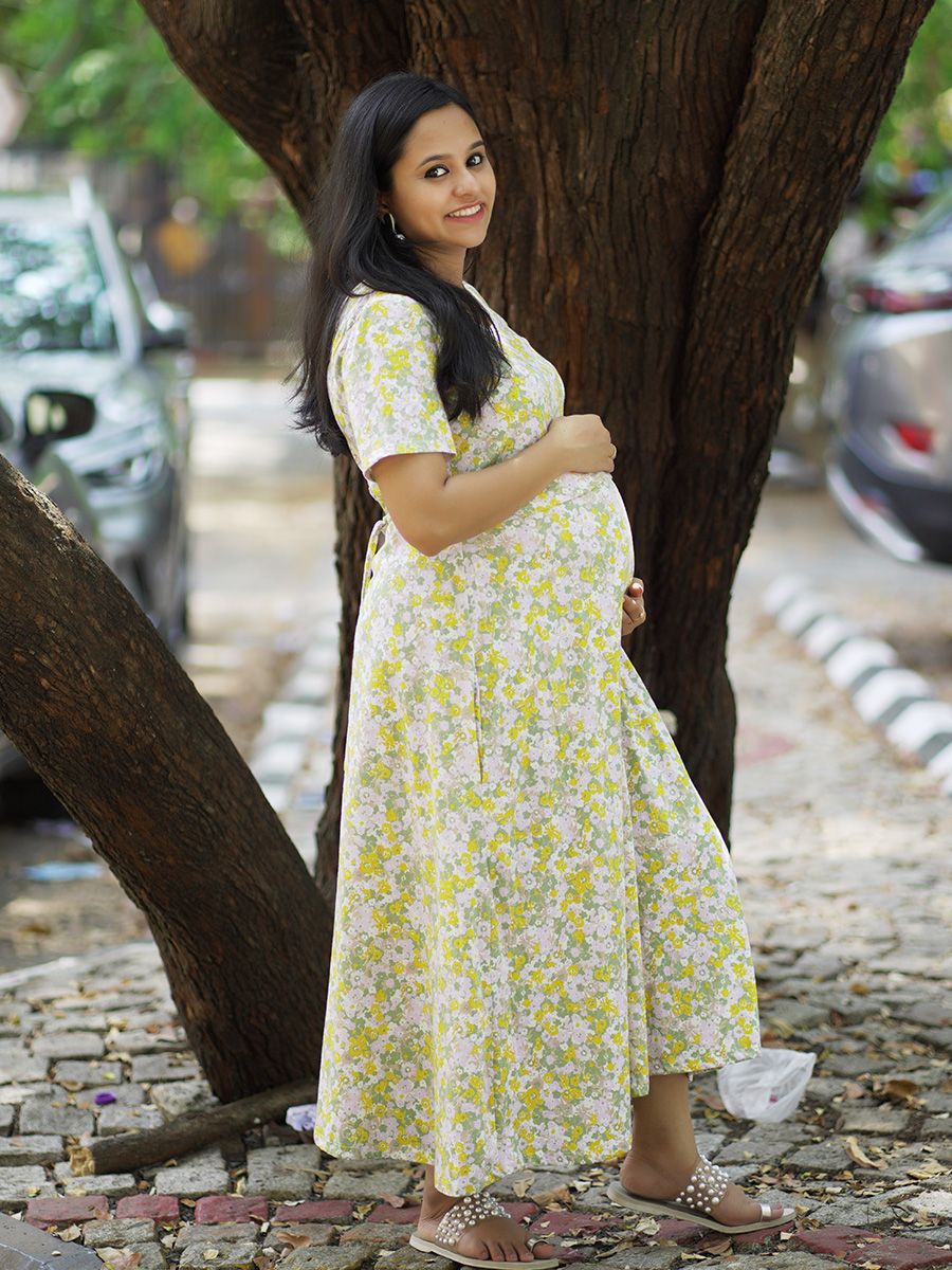 Maternity Short Zipless Dress-  Gilda Yellow floral