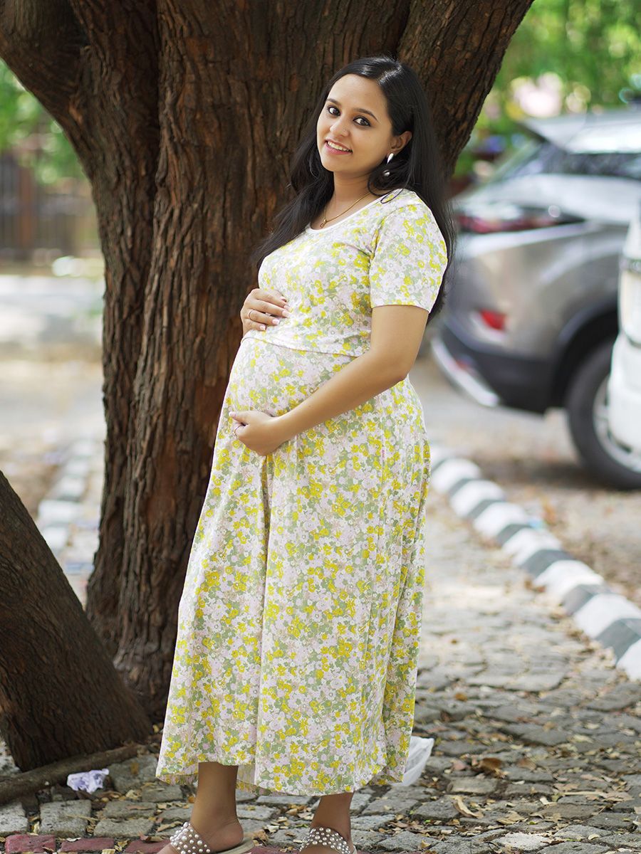 Maternity Short Zipless Dress-  Gilda Yellow floral