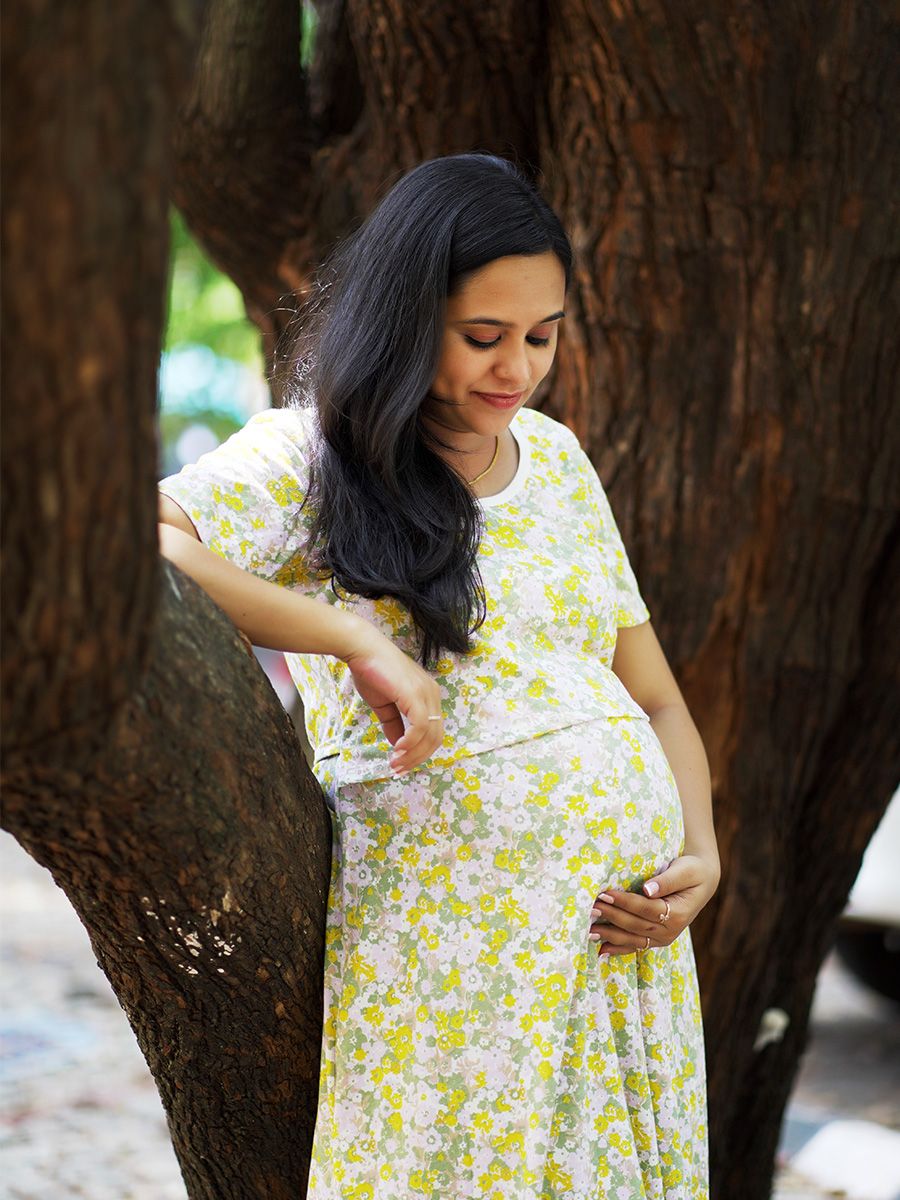 Maternity Short Zipless Dress-  Gilda Yellow floral