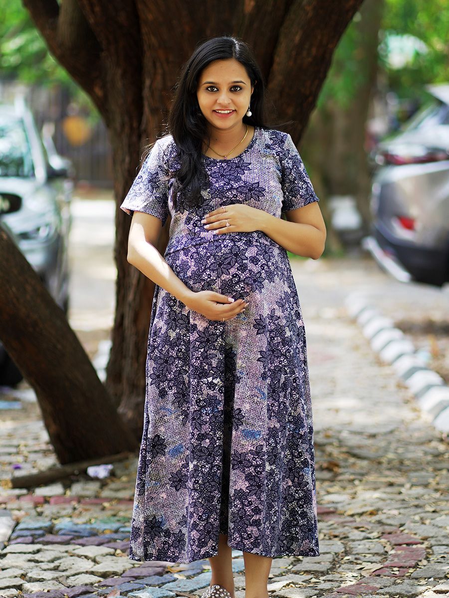 Maternity Short Zipless Dress-  Gilda Black Flower