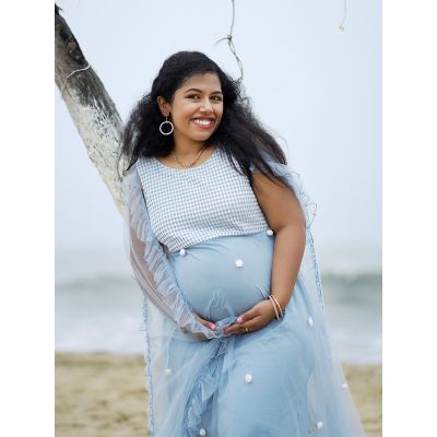 Maternity Baby Shower Net & Brocade Gown- L Blue