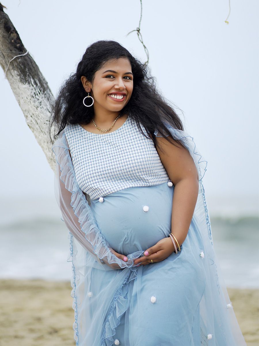 Maternity Baby Shower Net & Brocade Gown- L Blue