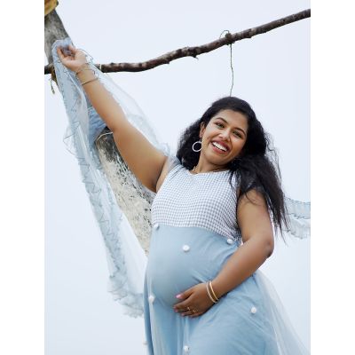 Maternity Baby Shower Net & Brocade Gown- L Blue