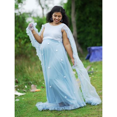 Maternity Baby Shower Net & Brocade Gown- L Blue