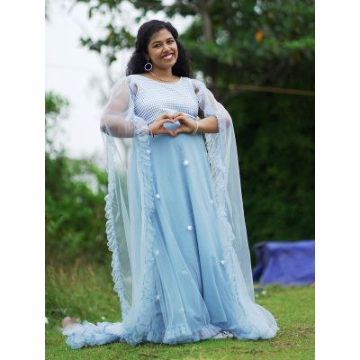 Maternity Baby Shower Net & Brocade Gown- L Blue