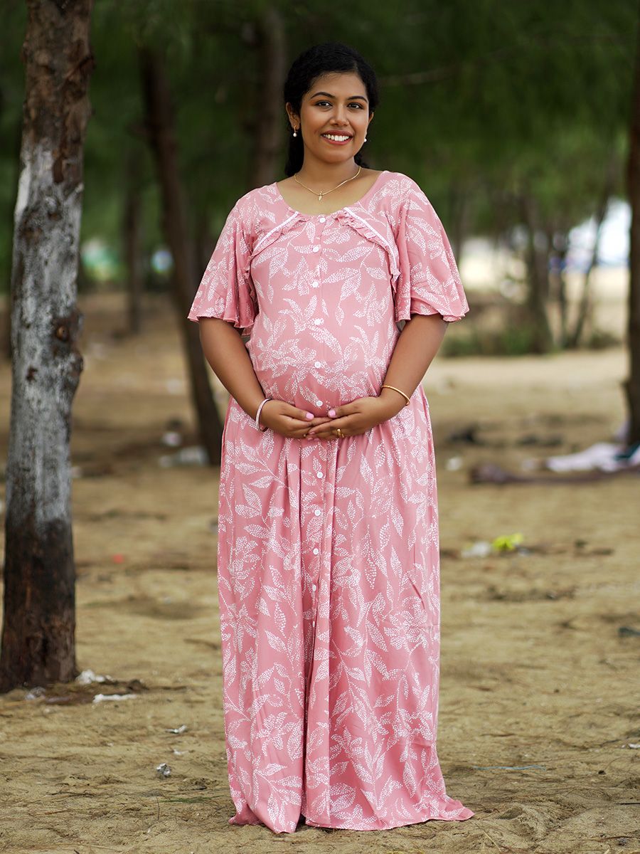 Maternity Full Night Gown- Tihu Peach