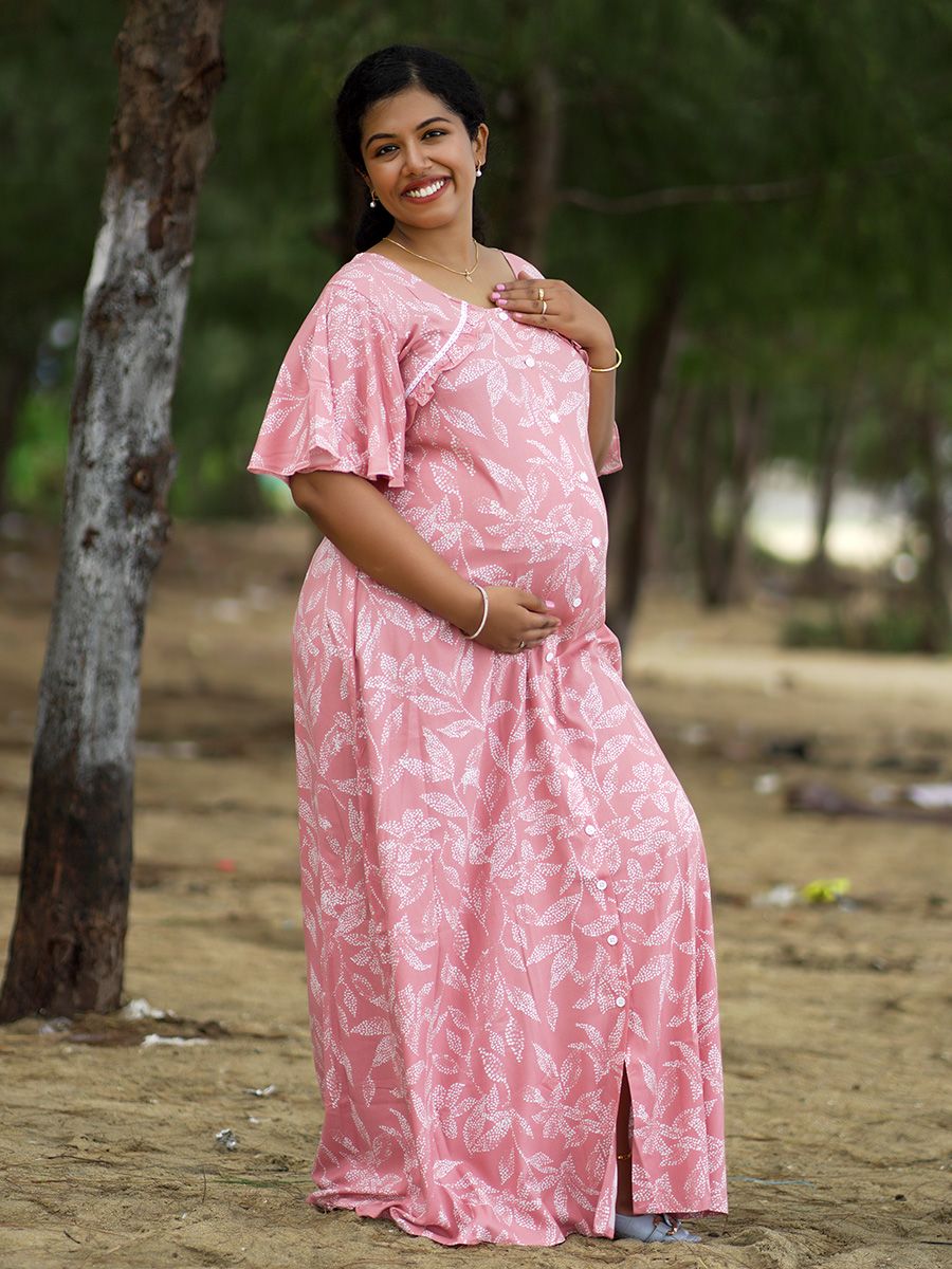 Maternity Full Night Gown- Tihu Peach