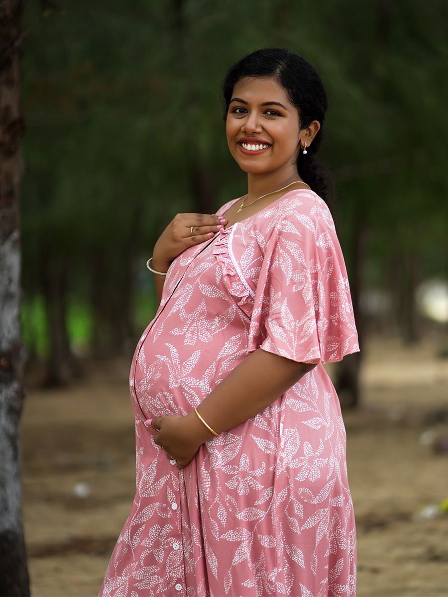 Maternity Full Night Gown- Tihu Peach