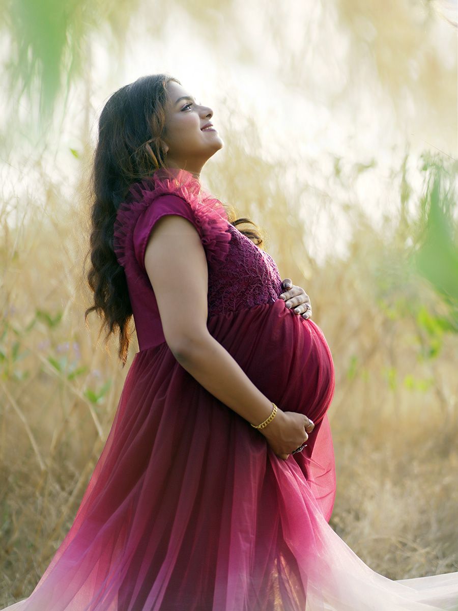 Baby Shower Double Shade Net Gown- Maroon Ash