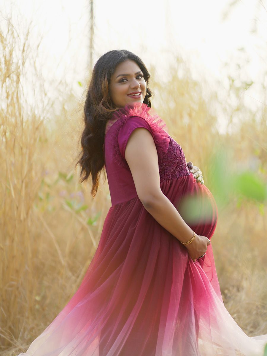 Baby Shower Double Shade Net Gown- Maroon Ash