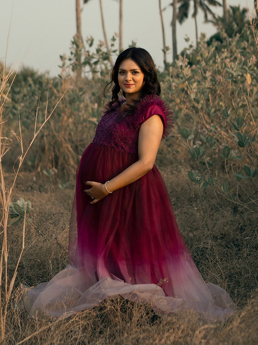 Baby Shower Double Shade Net Gown- Maroon Ash