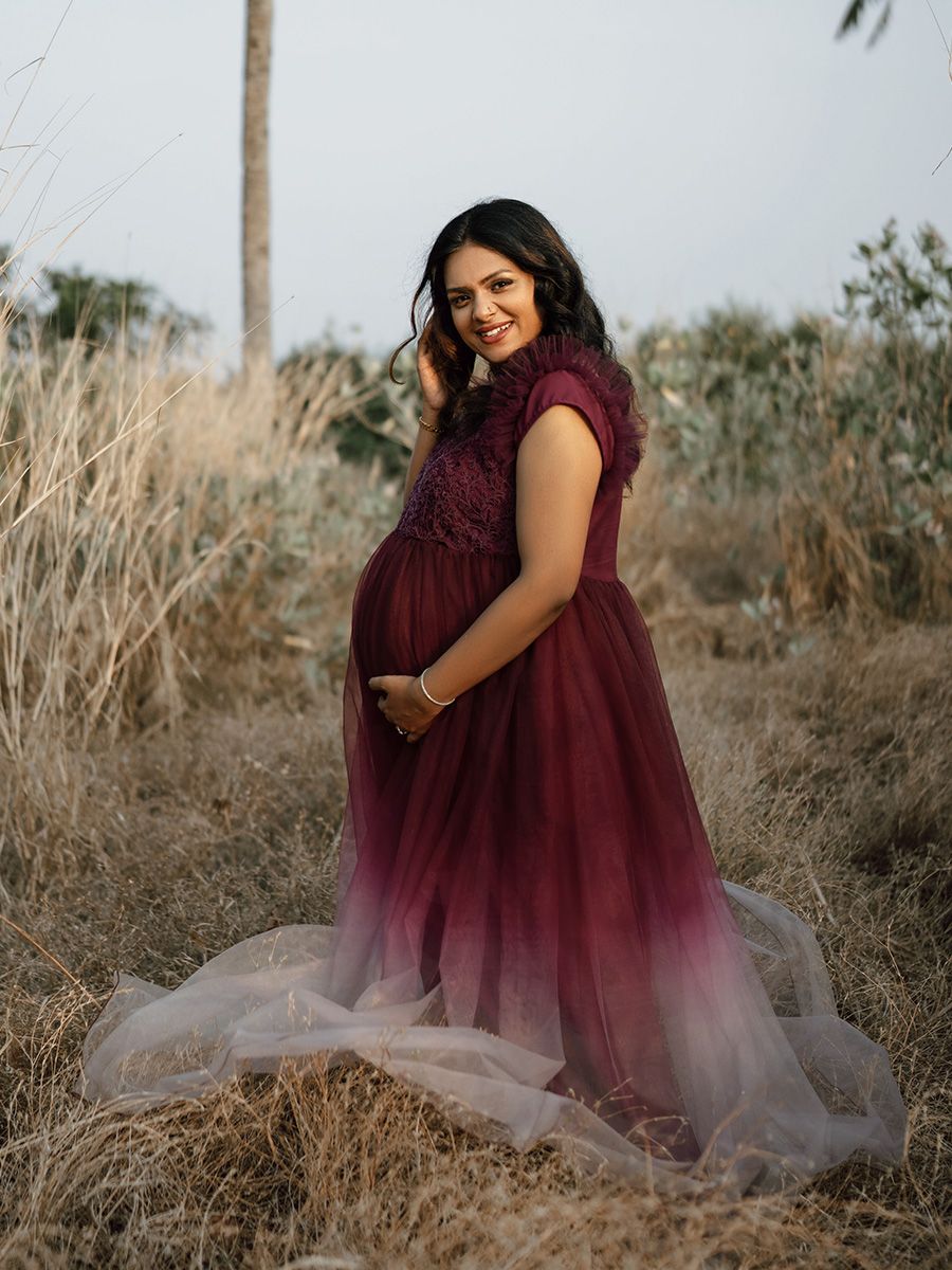 Baby Shower Double Shade Net Gown- Maroon Ash