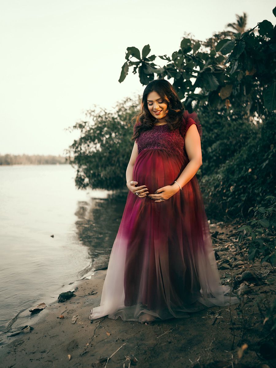 Baby Shower Double Shade Net Gown- Maroon Ash