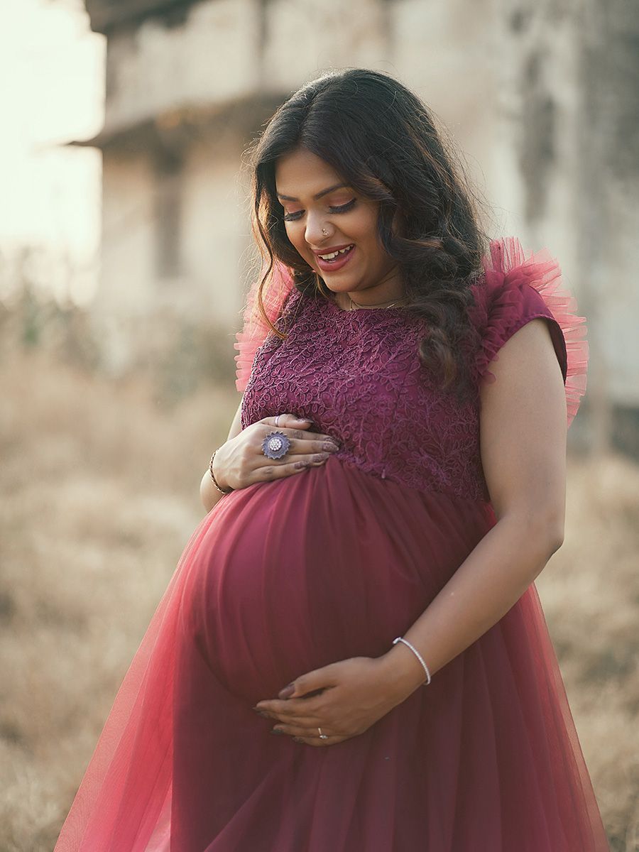 Baby Shower Double Shade Net Gown- Maroon Ash