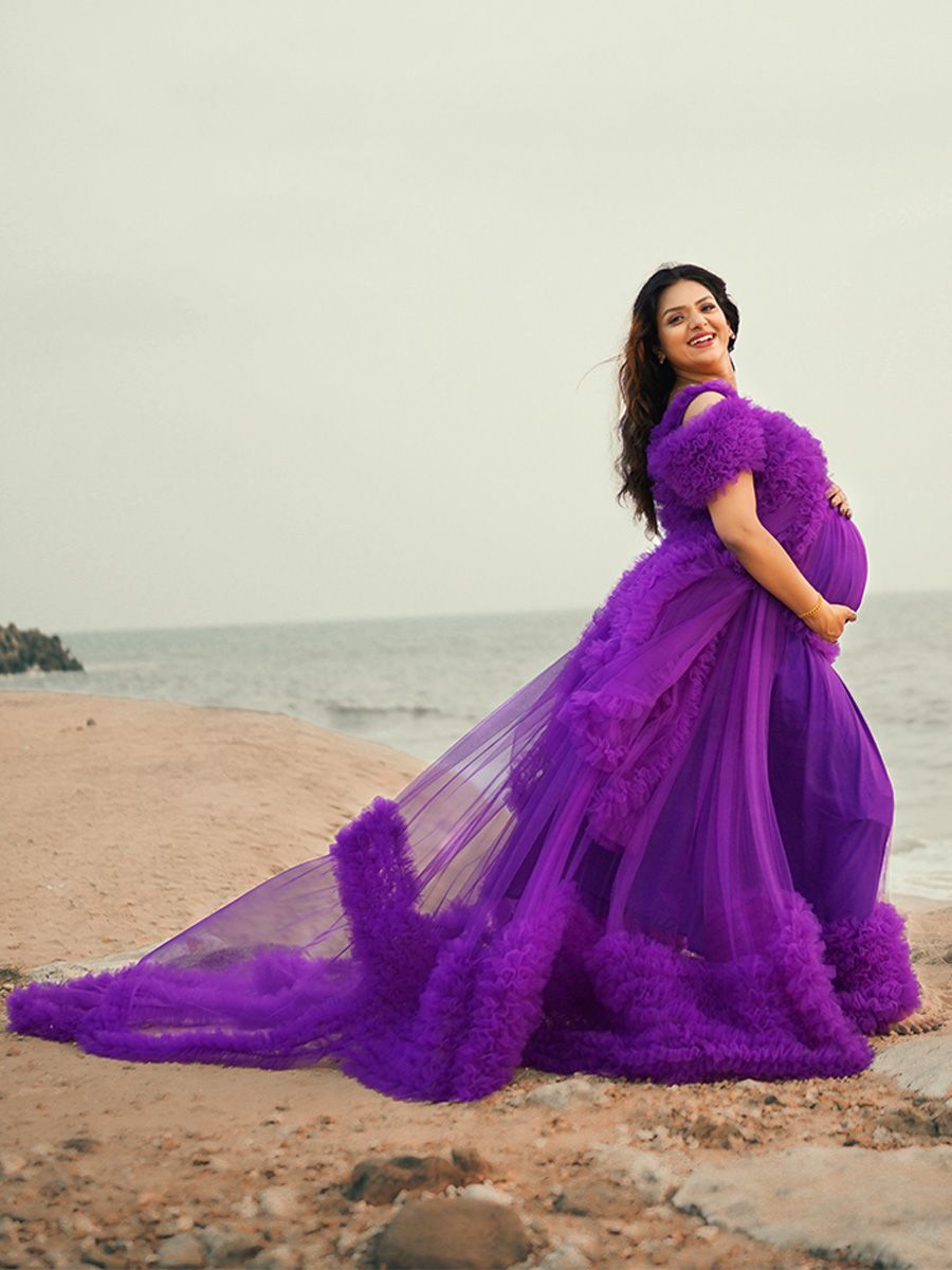 Baby Shower Ruffled Trail Gown- Violet