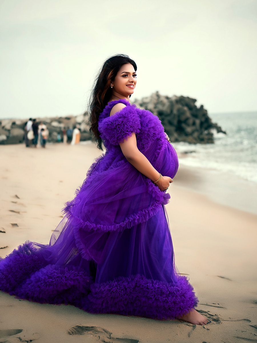 Baby Shower Ruffled Trail Gown- Violet