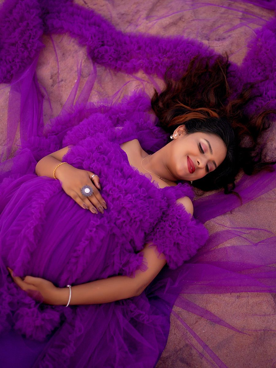 Baby Shower Ruffled Trail Gown- Violet