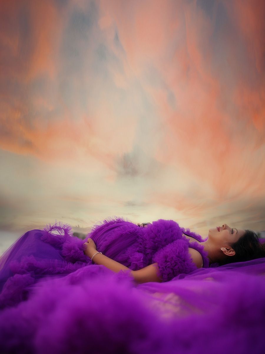 Baby Shower Ruffled Trail Gown- Violet