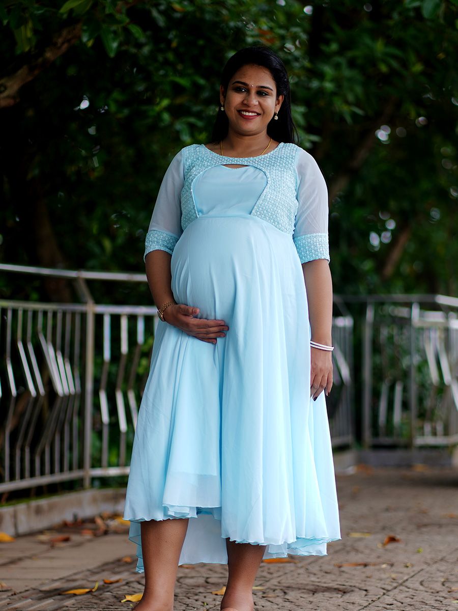 Maternity Party Wear Short Dress - Cyan Blue