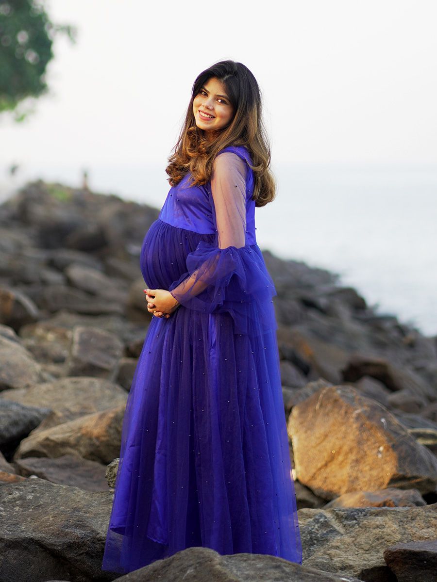 Maternity Baby Shower Bead Net Gown- Blue