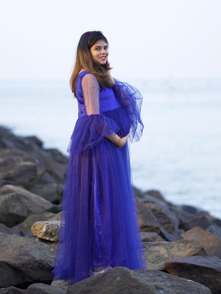 Maternity Baby Shower Bead Net Gown- Blue