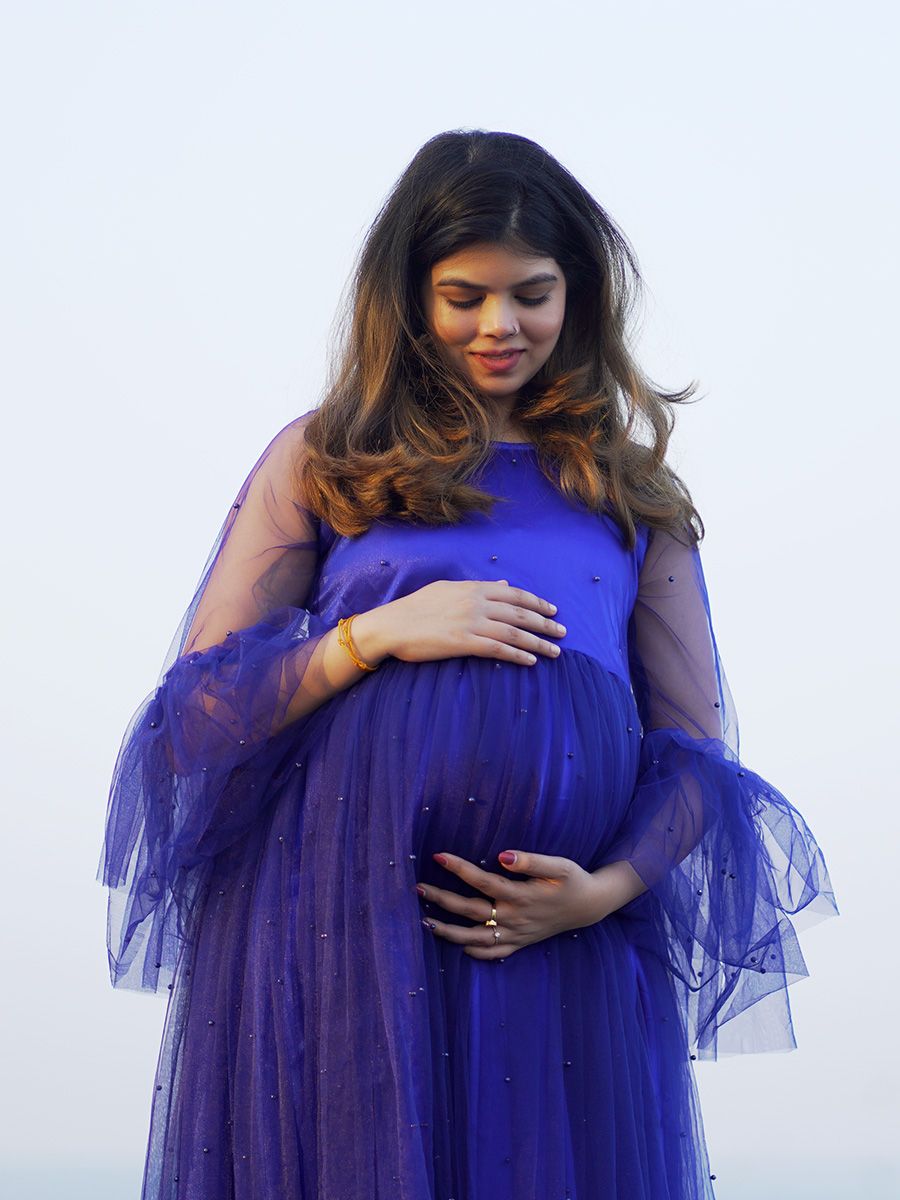 Maternity Baby Shower Bead Net Gown- Blue