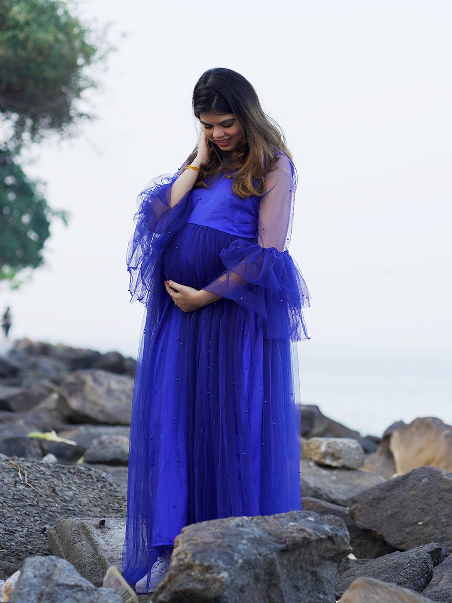 Maternity Baby Shower Bead Net Gown- Blue