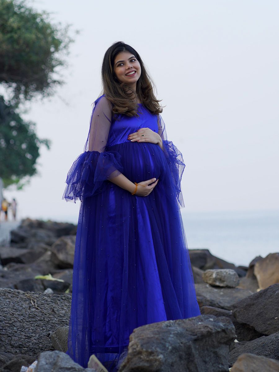 Maternity Baby Shower Bead Net Gown- Blue