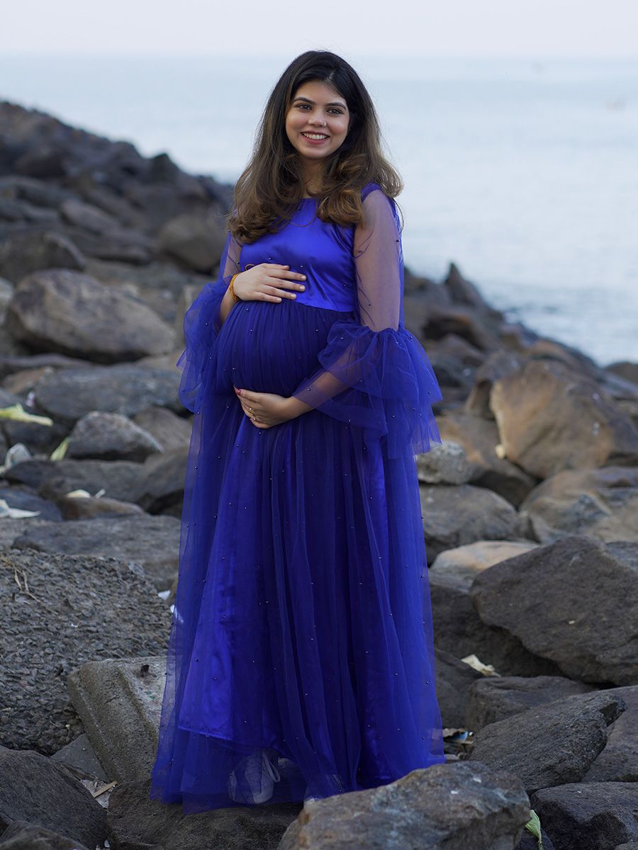 Maternity Baby Shower Bead Net Gown- Blue