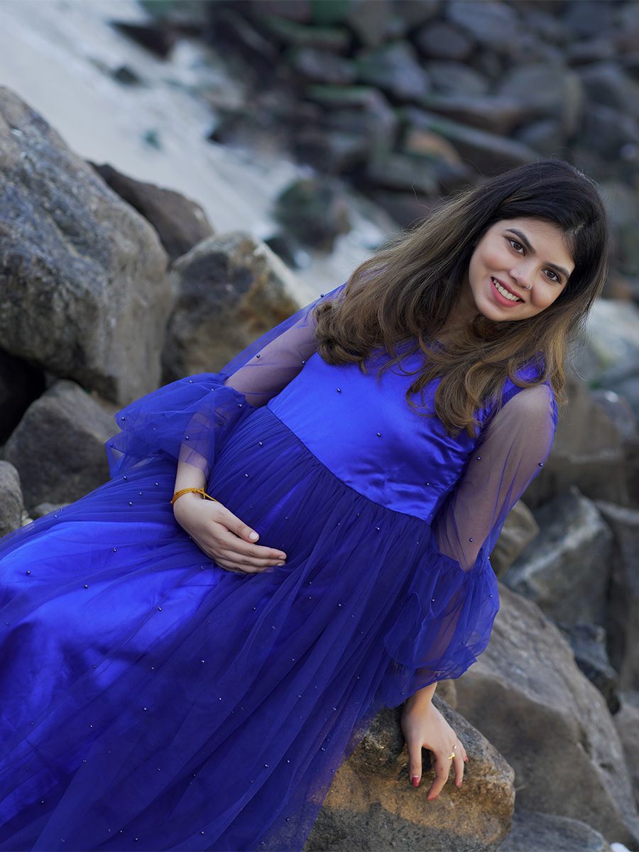 Maternity Baby Shower Bead Net Gown- Blue