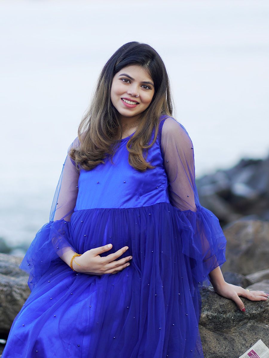 Maternity Baby Shower Bead Net Gown- Blue