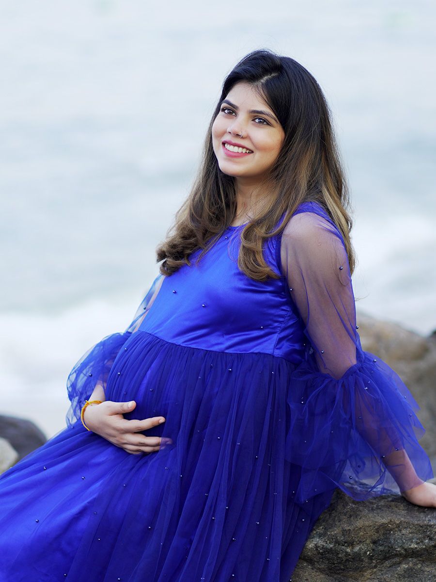 Maternity Baby Shower Bead Net Gown- Blue