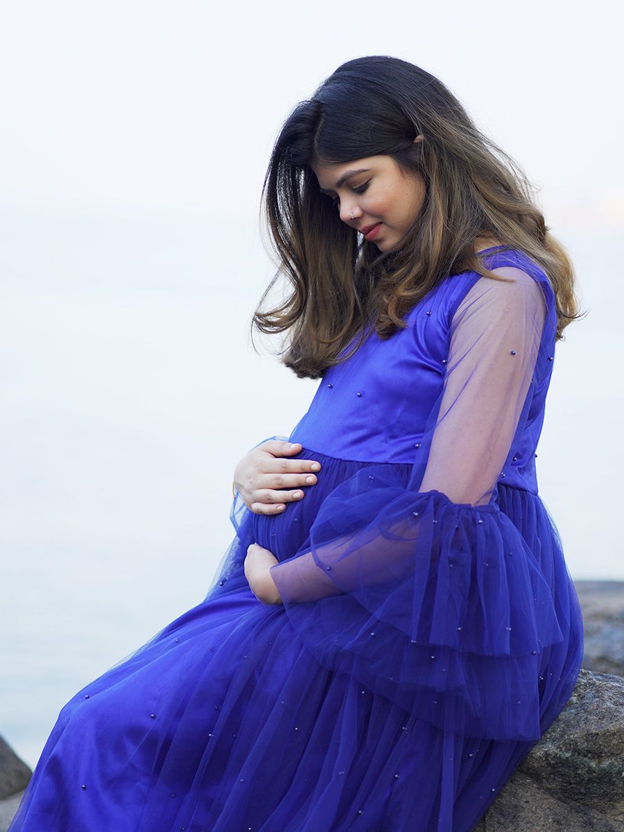 Maternity Baby Shower Bead Net Gown- Blue