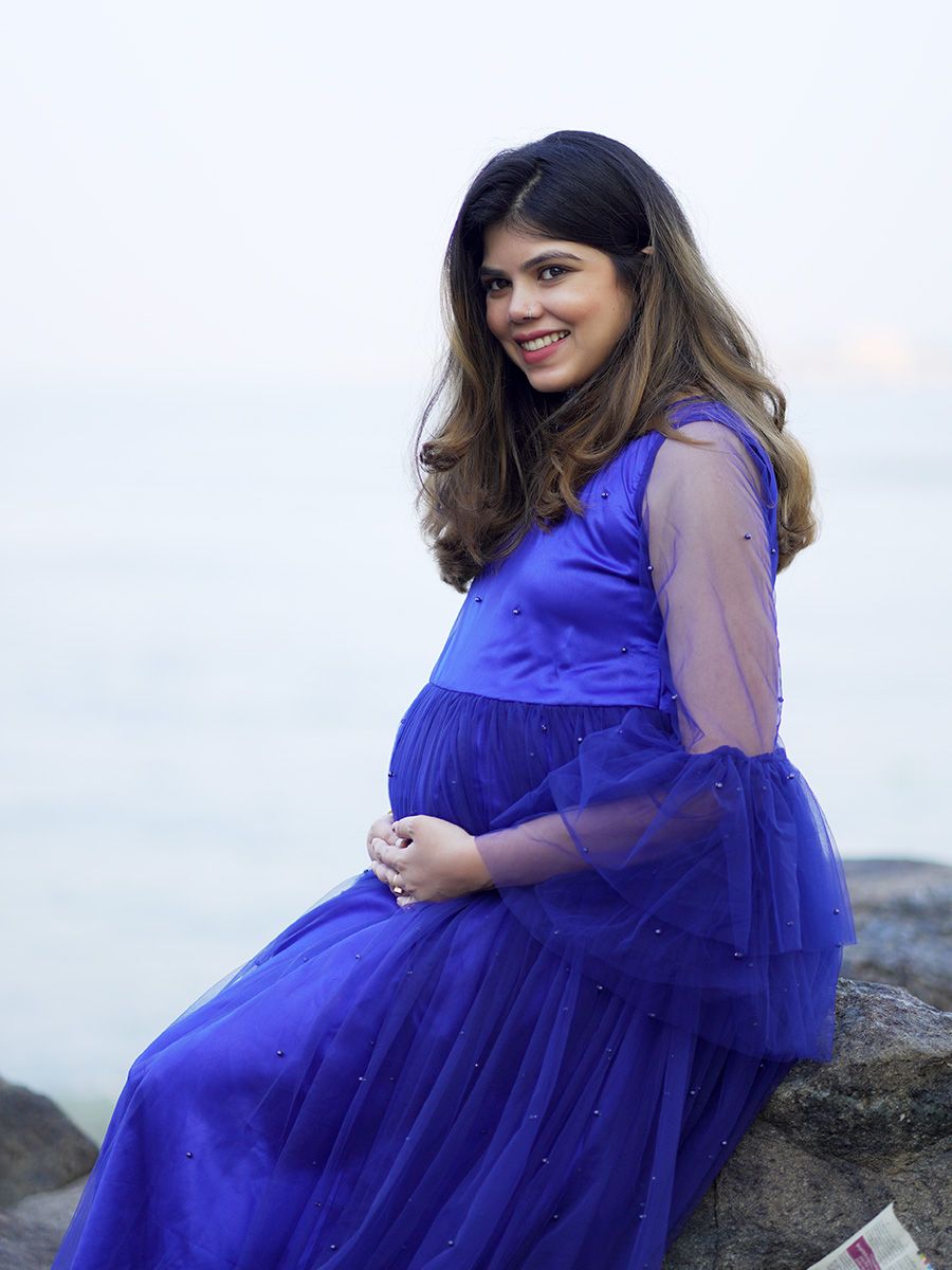 Maternity Baby Shower Bead Net Gown- Blue
