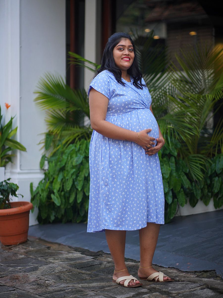 Maternity Wrap Short Dress- Knitted (Sky Blue)