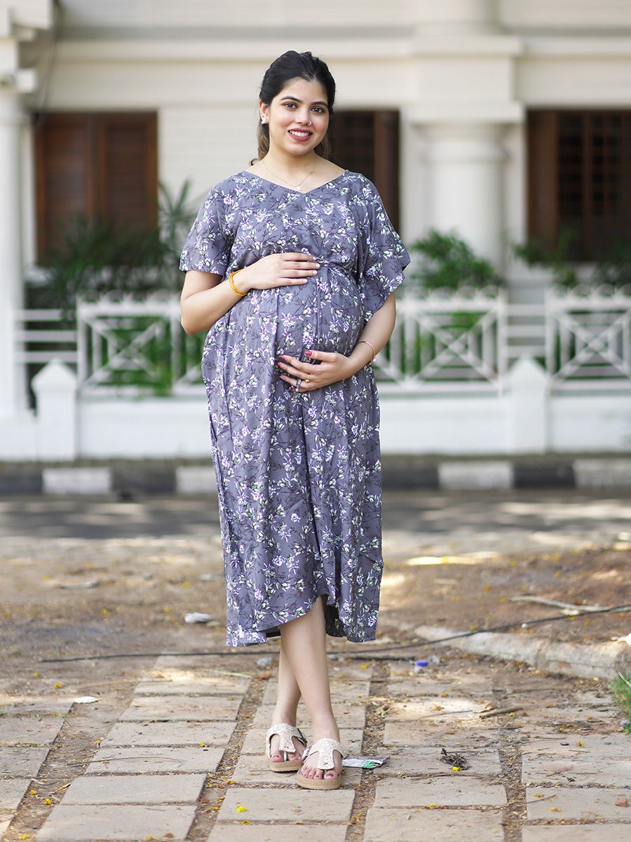 Maternity Short Night Gown Kaftan- Bex Floral Black