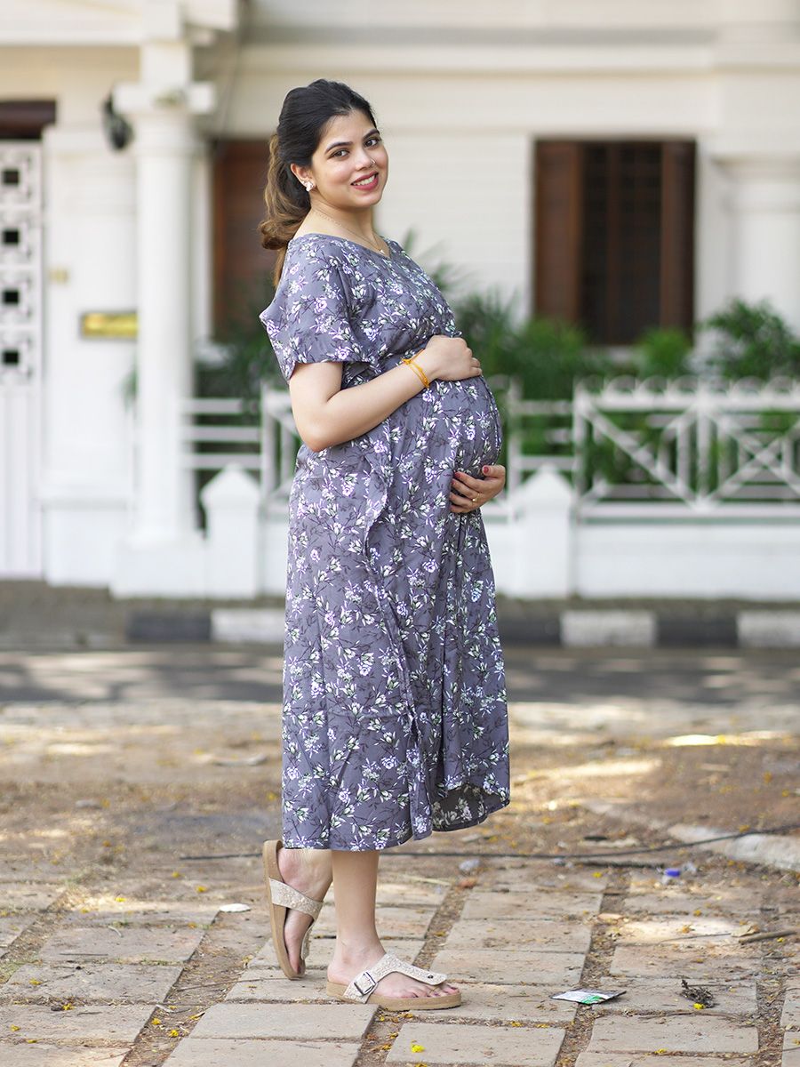 Maternity Short Night Gown Kaftan- Bex Floral Black