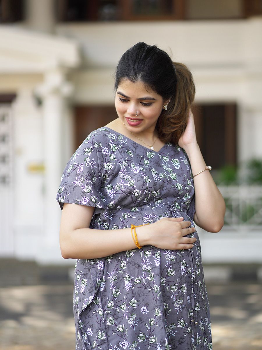 Maternity Short Night Gown Kaftan- Bex Floral Black