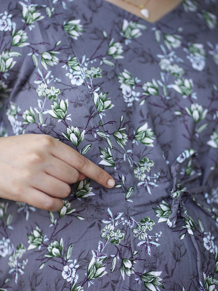 Maternity Short Night Gown Kaftan- Bex Floral Black