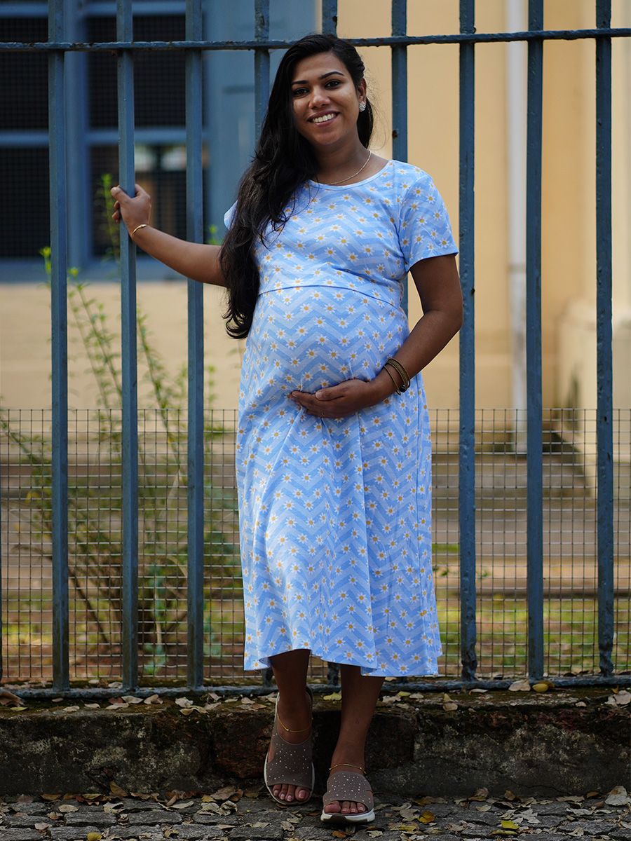 Maternity Knit Gown Gilda Blue Flower