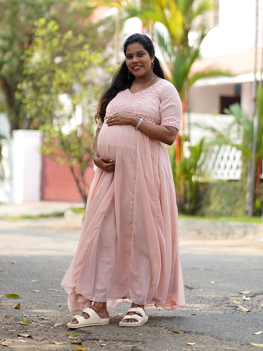 Maternity Party Wear Georgette Dress - Peach