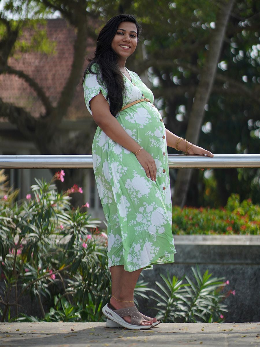 Maternity Midi Dress Full Open Stasia Green