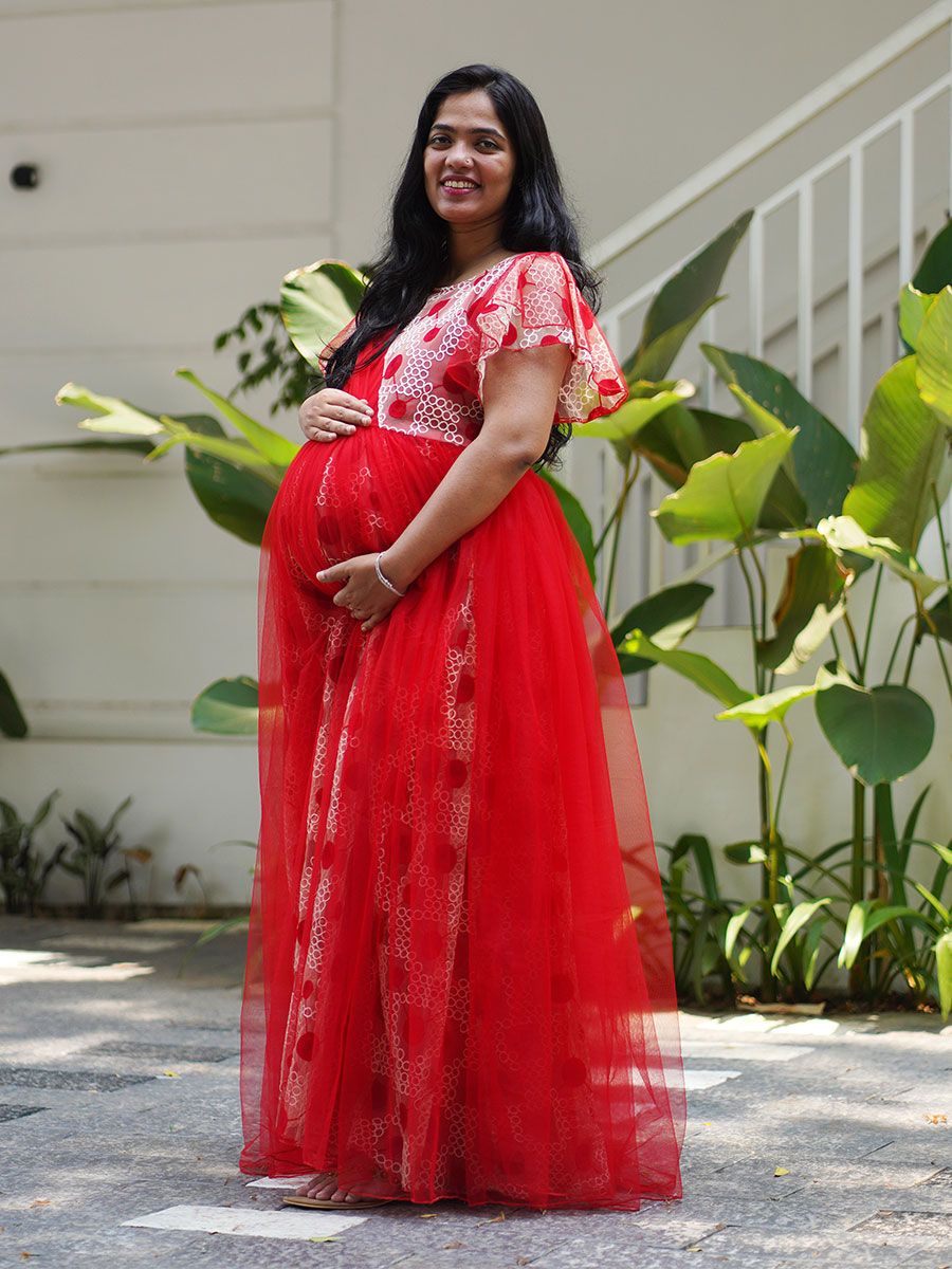 Maternity Baby Shower Gown  Red with Embroidery Net