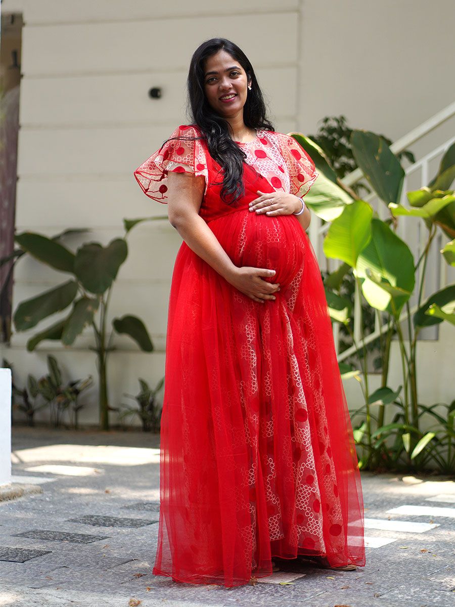 Maternity Baby Shower Gown  Red with Embroidery Net