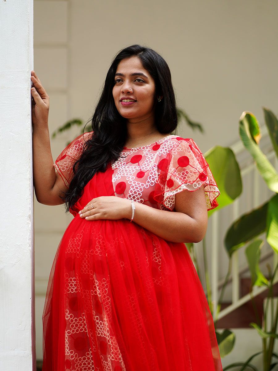 Maternity Baby Shower Gown  Red with Embroidery Net