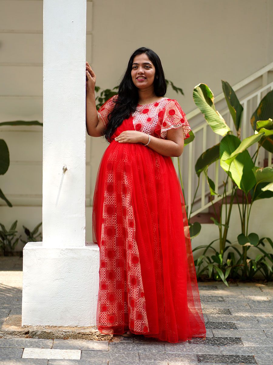 Maternity Baby Shower Gown  Red with Embroidery Net