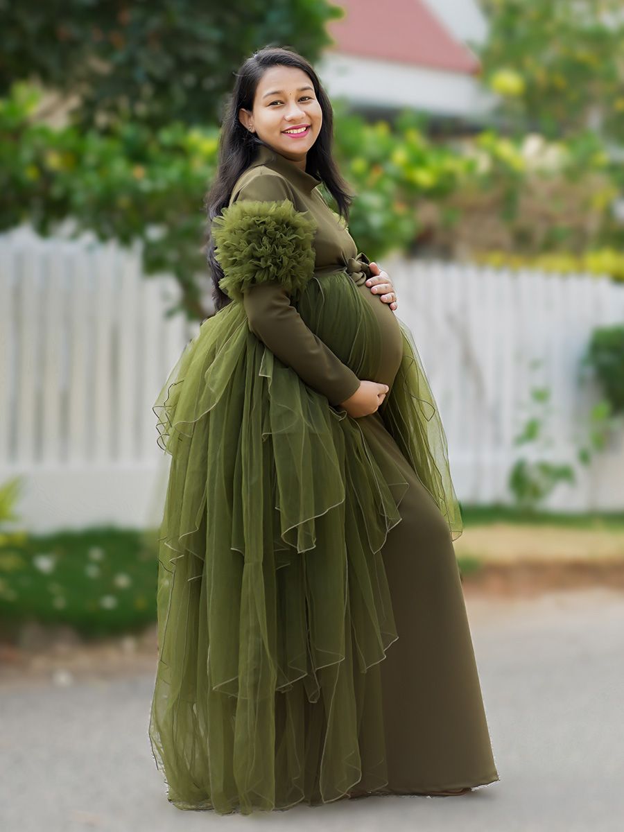 Maternity Photoshoot Knit + Net Gown Green ZIVAMOMS Maternity Photoshoot Knit + Net Gown Green ZIVAMOMS