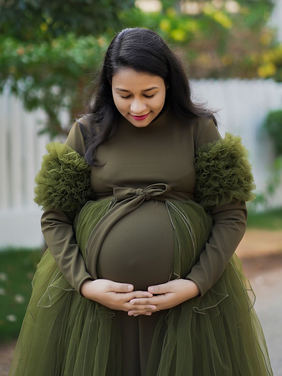 Maternity Photoshoot Knit + Net Gown Green ZIVAMOMS Maternity Photoshoot Knit + Net Gown Green ZIVAMOMS
