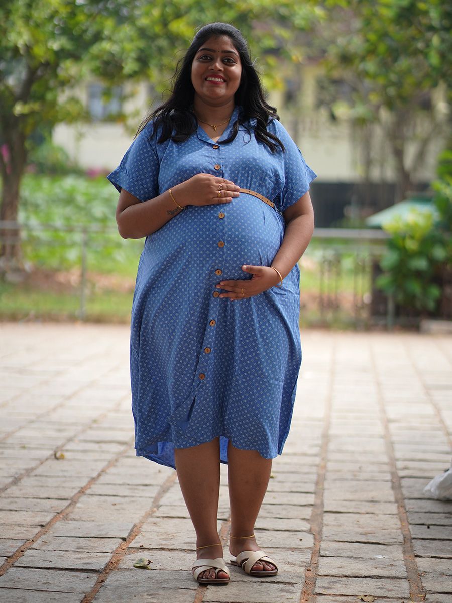 Maternity Midi Dress Full Open Stasia Blue